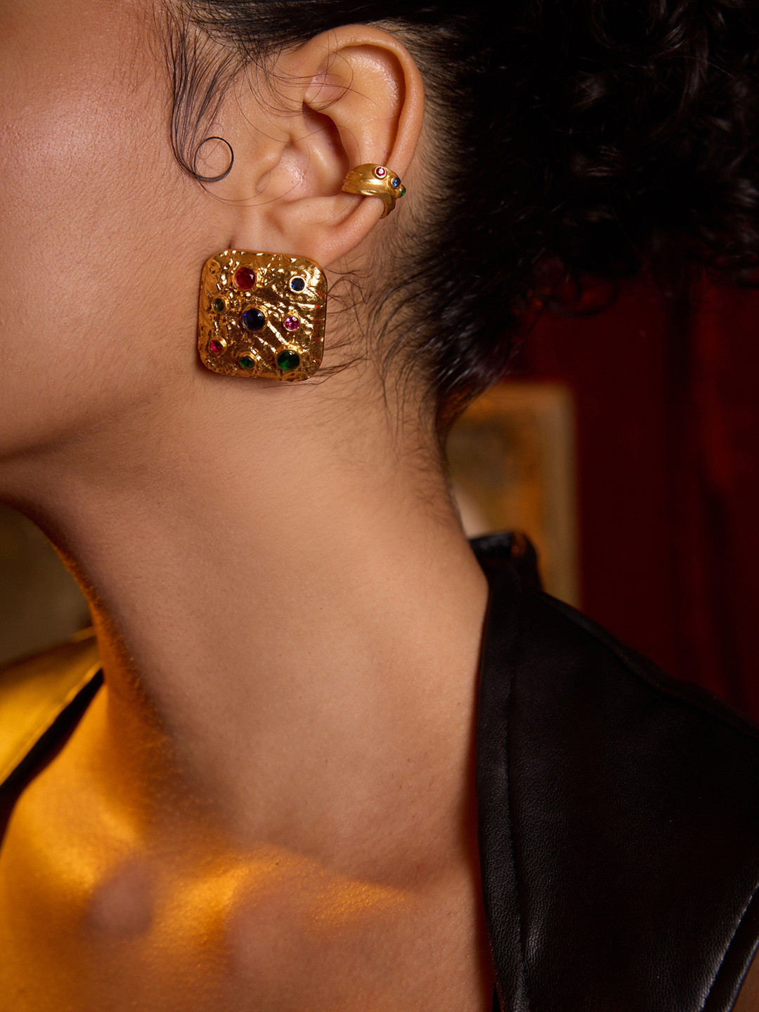 MNSH Mob Wife Gold-Plated Artificial Stones Studded Square Shaped Studs
