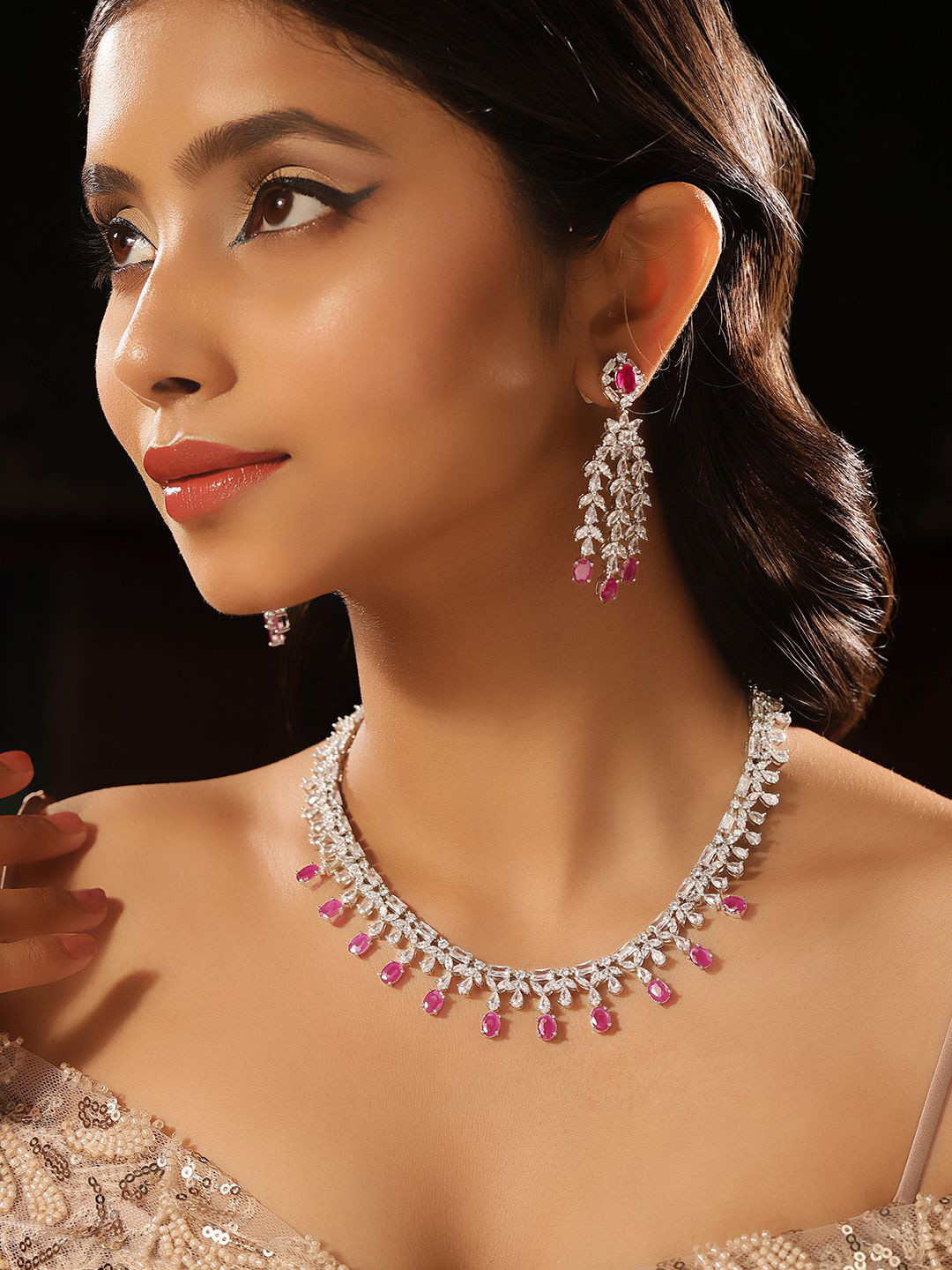 Priyaasi Silver Plated Pink American Diamond Pink Crystal Necklace & Earrings