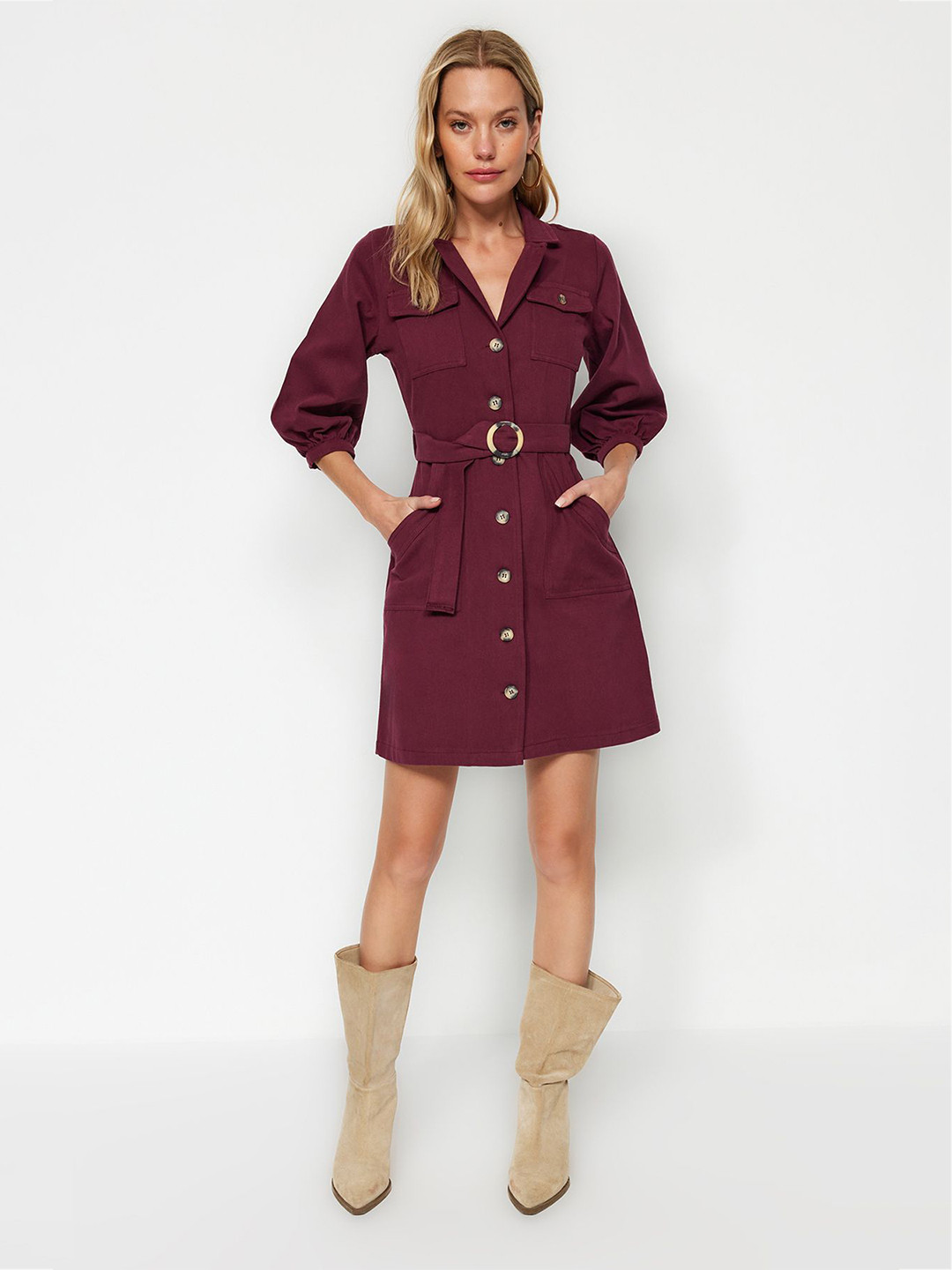Trendyol Cotton Shirt Mini Dress Comes with a belt