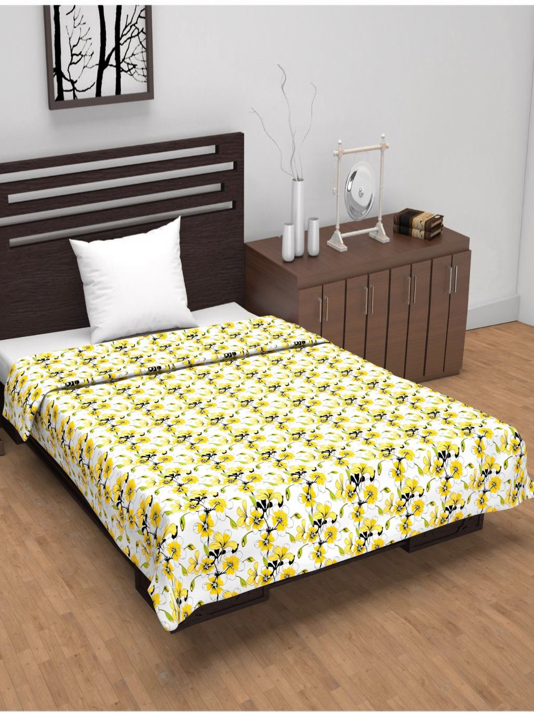 Divine Casa Yellow & Green Floral AC Room 120 GSM Single Bed Dohar