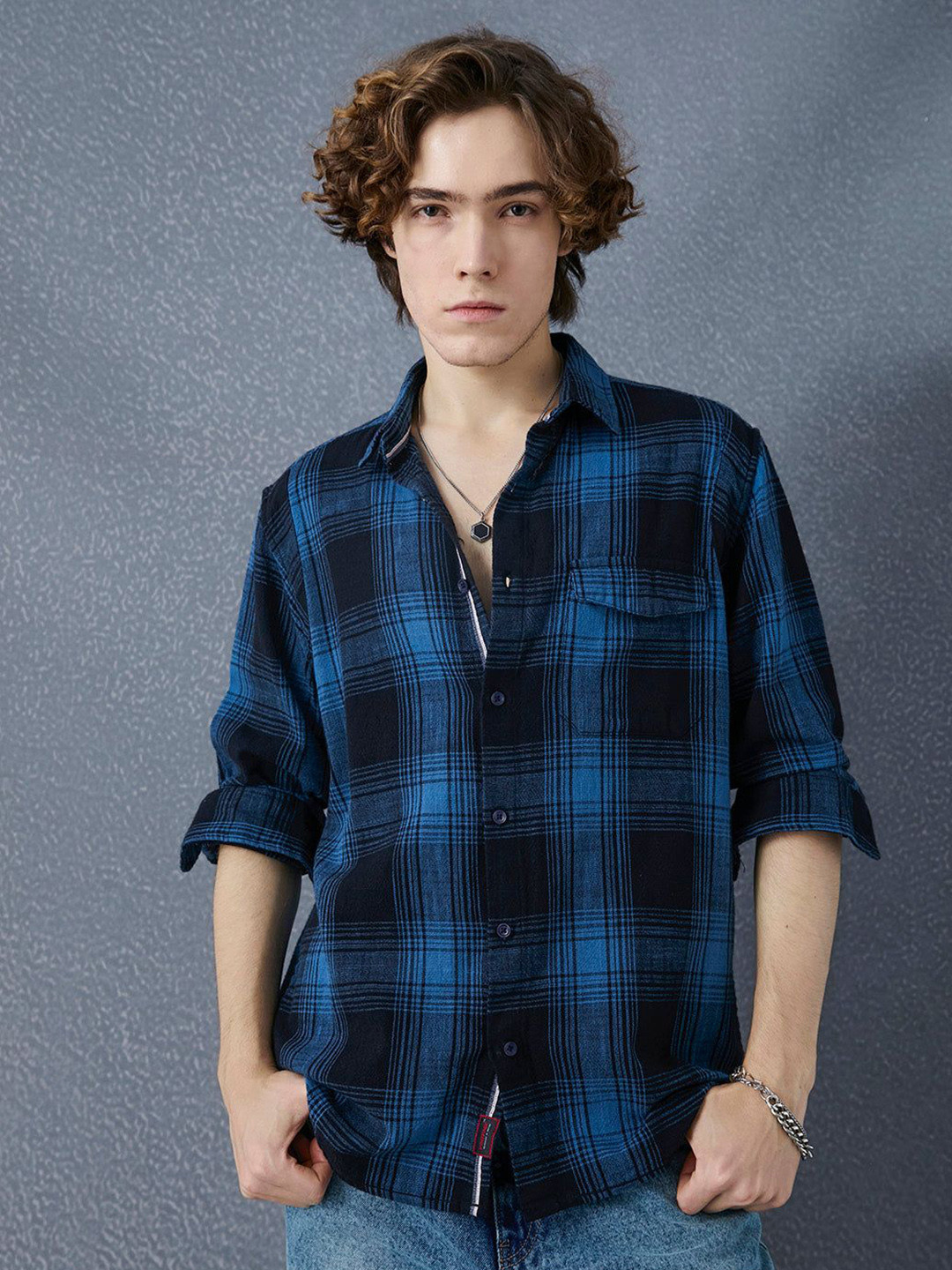 VOLTEDGE Men Classic Relaxed Fit Spread Collar Tartan Checked Cotton Casual Shirt
