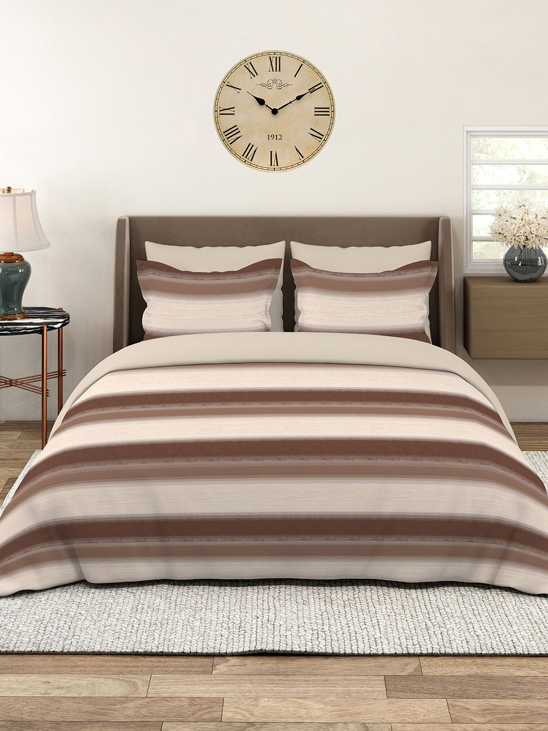 Layers Brown & Beige 225 CVC Stripes Pattern Bedsheet Set 2.74 m x 2.74 m