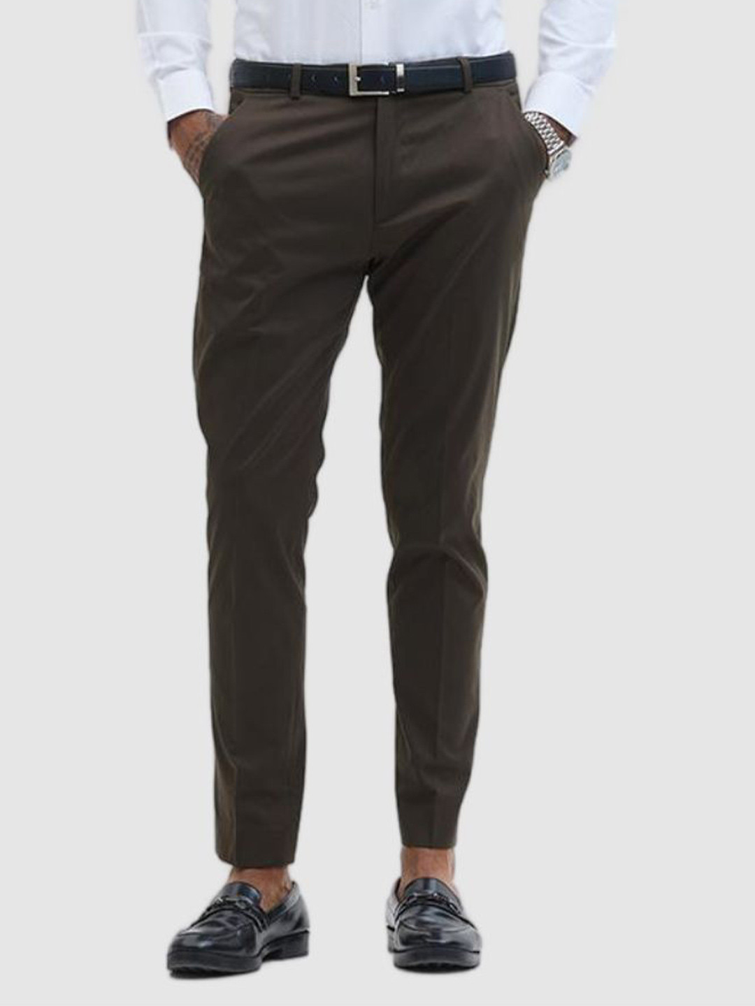 Snitch Men Dark Brown Plain Slim Fit Trousers