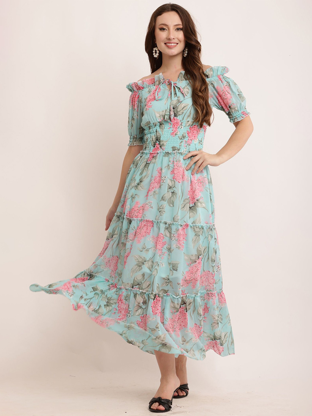 Bright Nex Floral Printed Off-Shoulder Tiered Maxi Dress