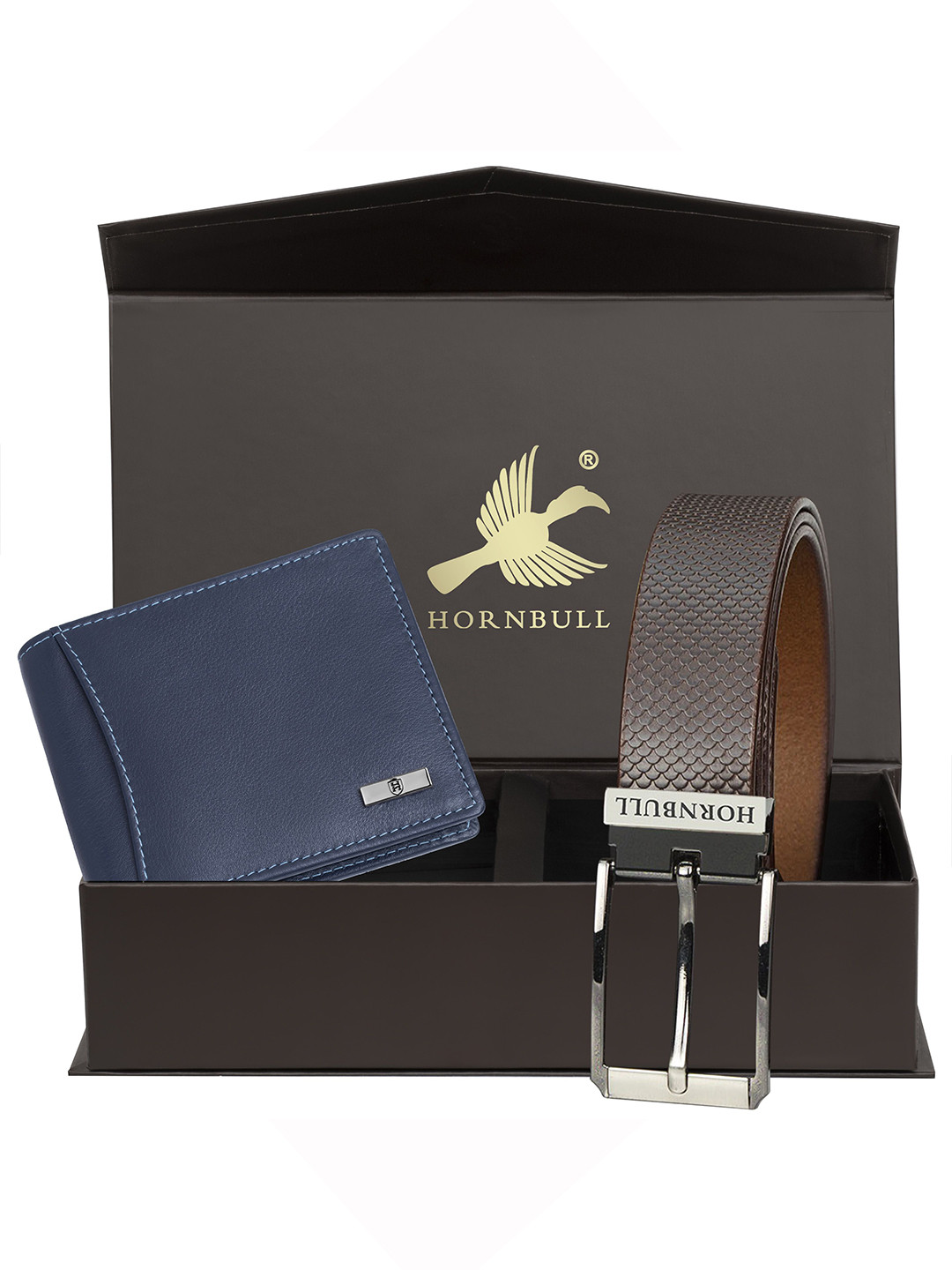 Hornbull Men Themes Leather RFID Protected Blue Wallet & Brown Belt Accessory Gift Set