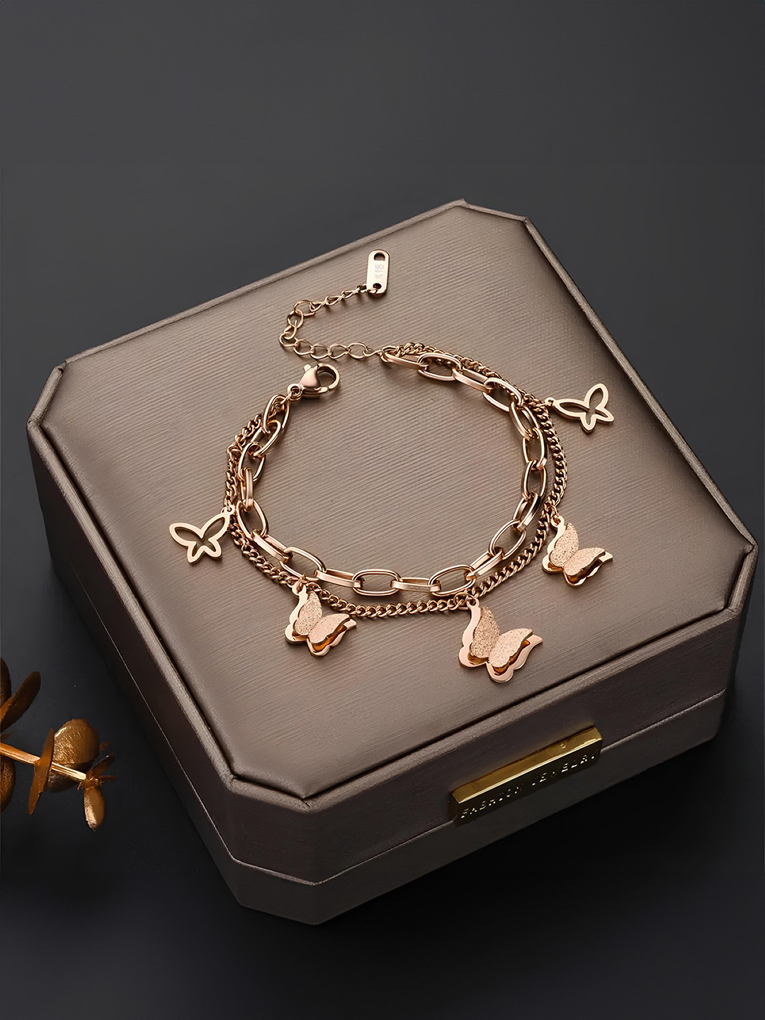 KARISHMA KREATIONS Rose Gold-Plated Butterfly Charm Multi-layered Link Bracelet