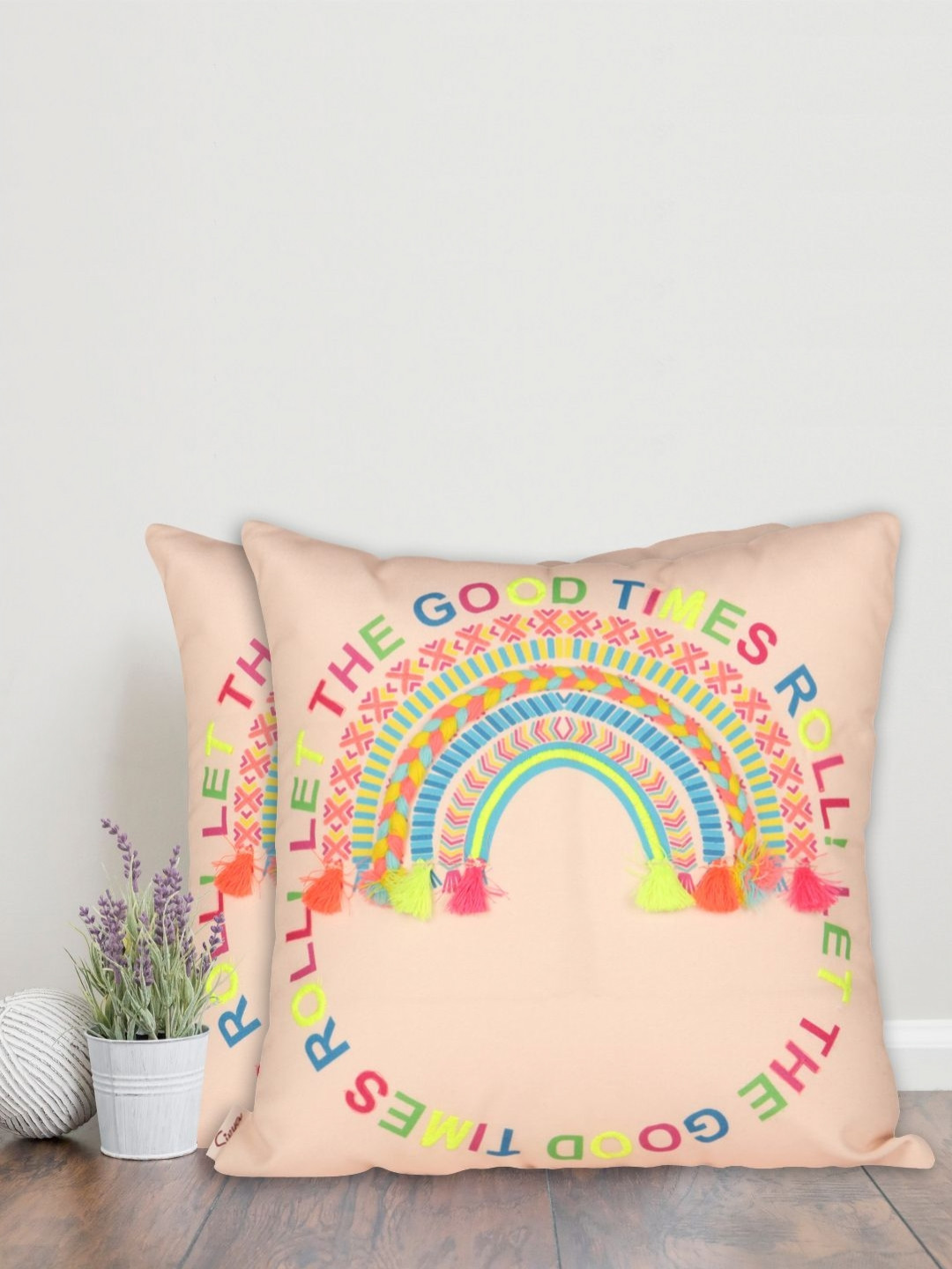 Home Peach Typography Cotton Washable 2 Piece Square Cushion Covers -16x16In