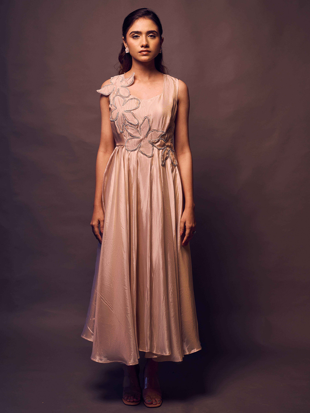 Weaving Cult Rose Gold Tissue Flared Embellished Dress