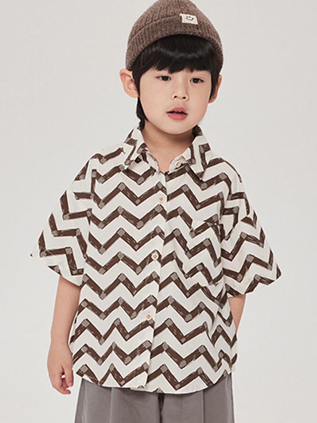 LULU & SKY Boys Oversized Fit Spread Collar Chevron Striped Organic Cotton Casual Shirt