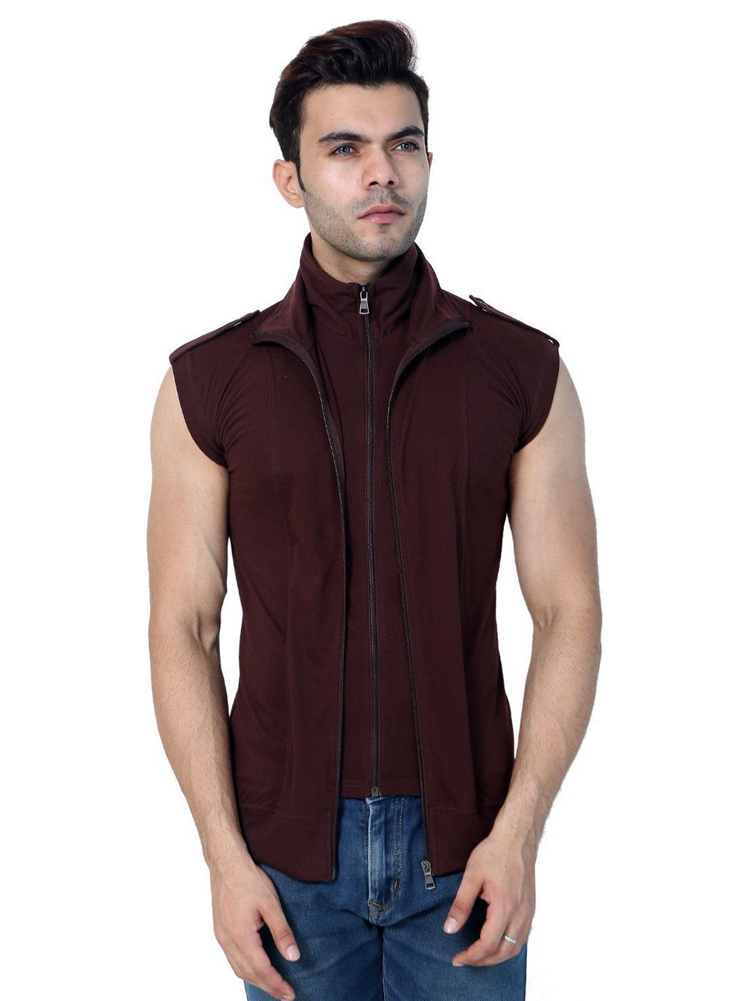 Black Collection Turtle Neck Double Zipper Sleeveless Slim Fit T-Shirt