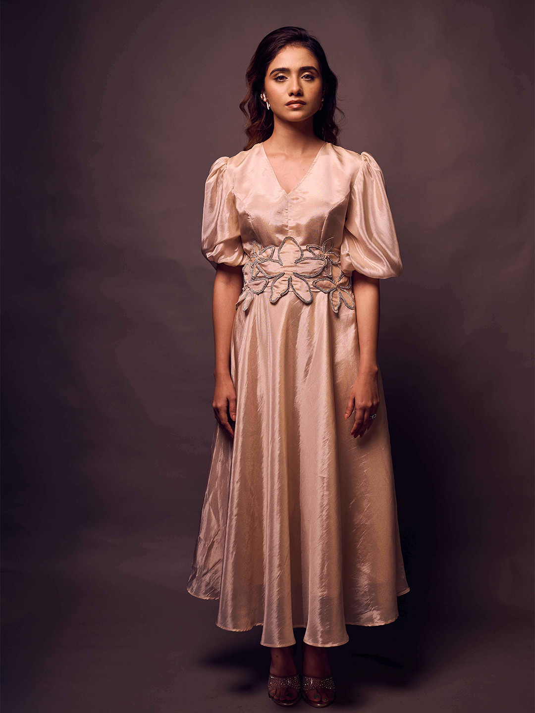 WEAVING CULT Weaving Cult Rose Gold Tissue Dress With Embellished Belt