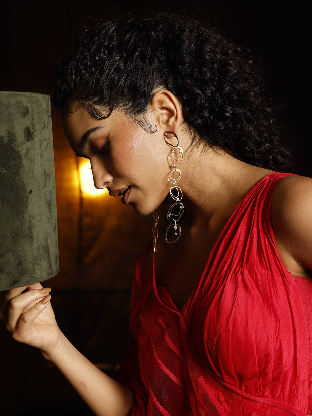 MNSH Flow Shoulder Gold-Plated Artificial Stones Studded Contemporary Drop Earrings