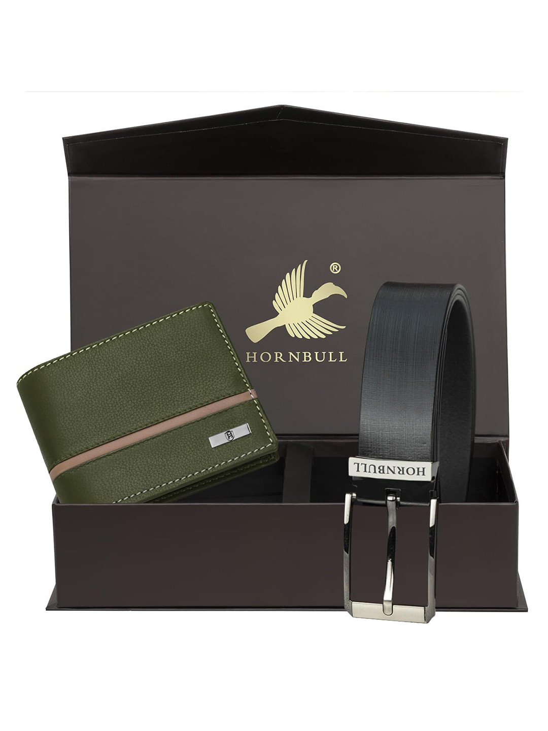 Hornbull Denial Leather RFID Protected Green Wallet & Black Belt Accessory Gift Set