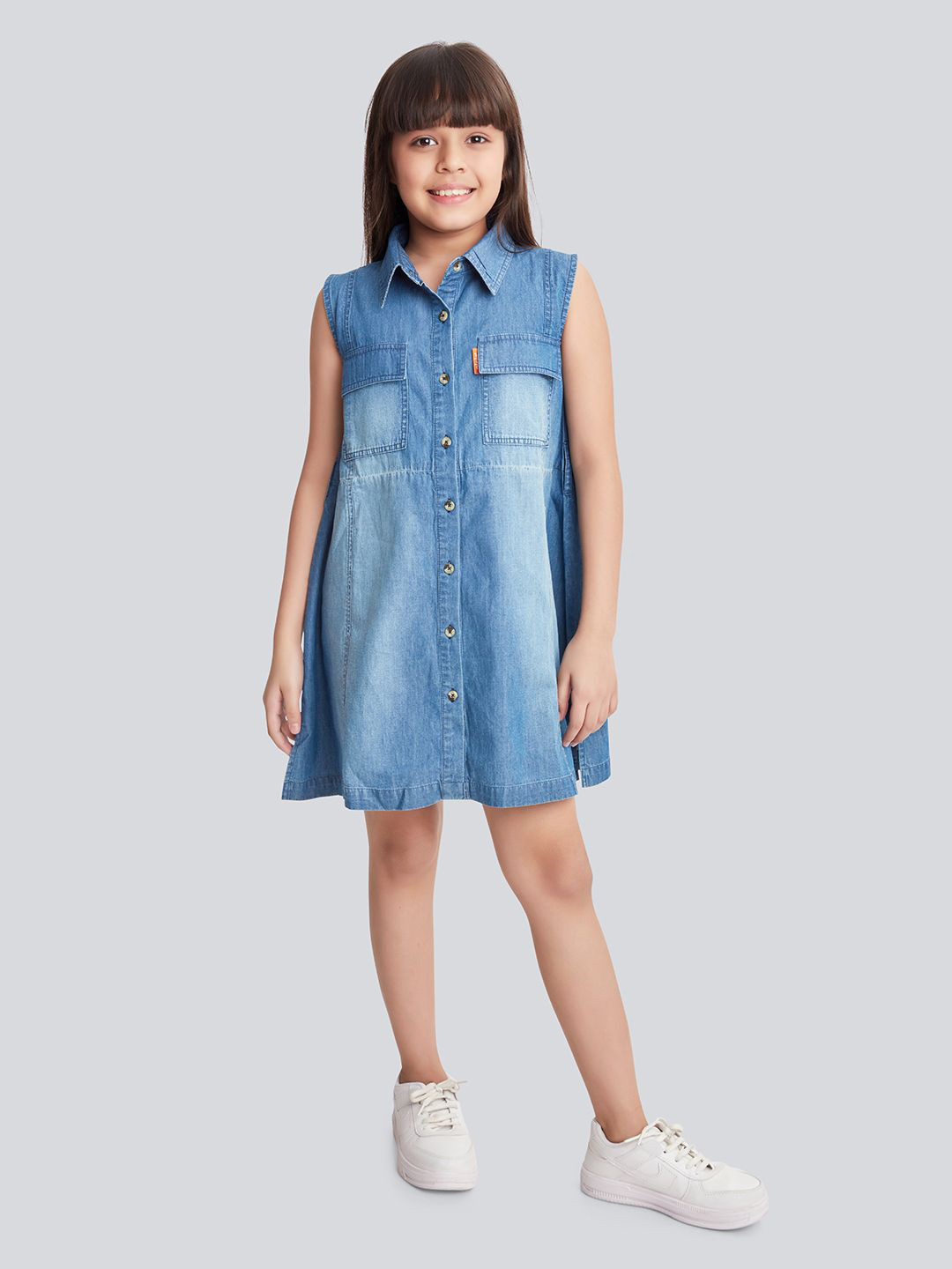 Olele Girls Cotton Denim Sleeveless Shirt Dress