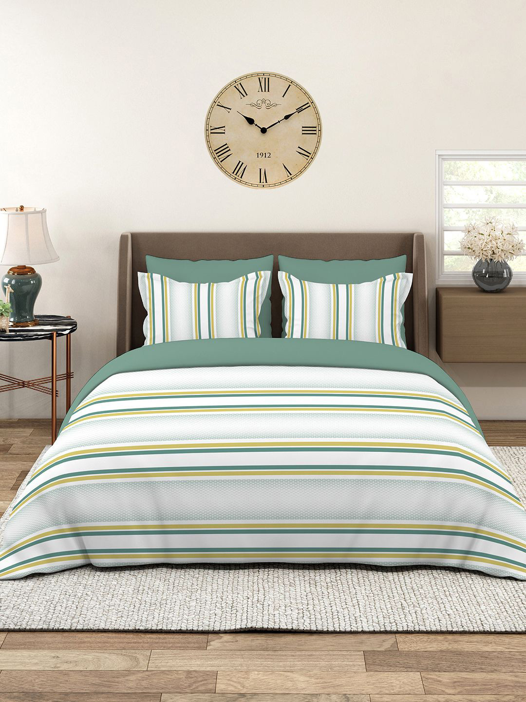 Layers Green & White Striped 220 TC King Bedsheet with 2 Pillow Covers 2.74 m x 2.74 m