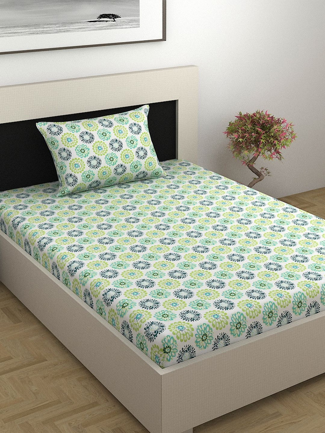 Divine Casa Prisam Green Floral Cotton 144 TC Fitted Single Bedsheet with a Pillow Cover-88 x 88 inches