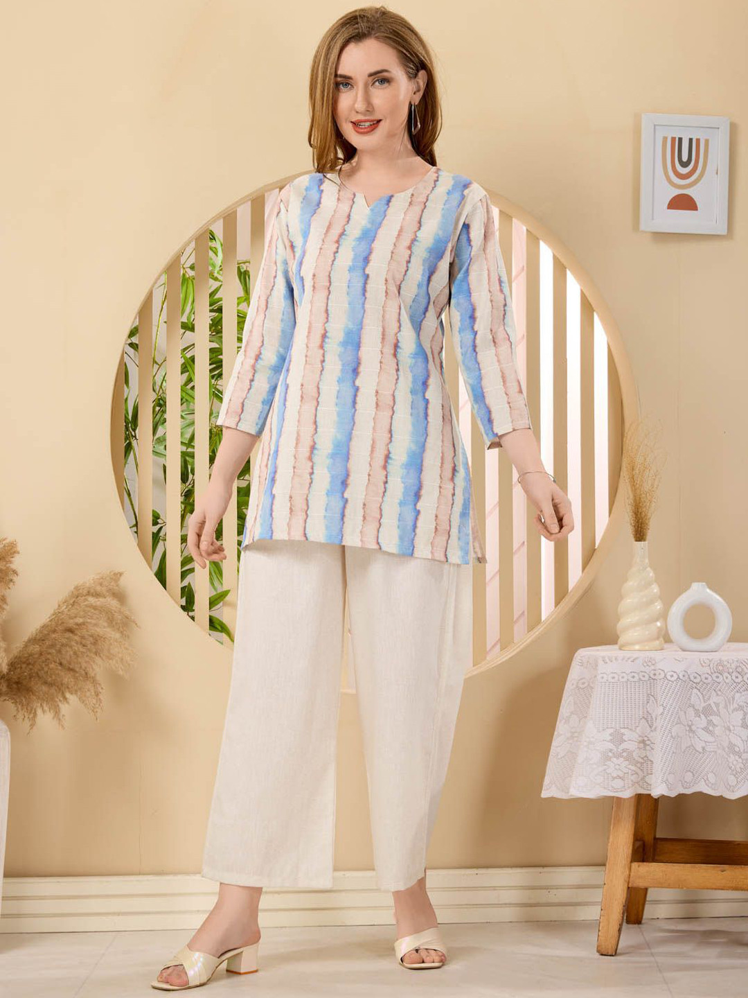 NIGHT FLOSS Striped Notch Neck Linen Tunic And Trouser