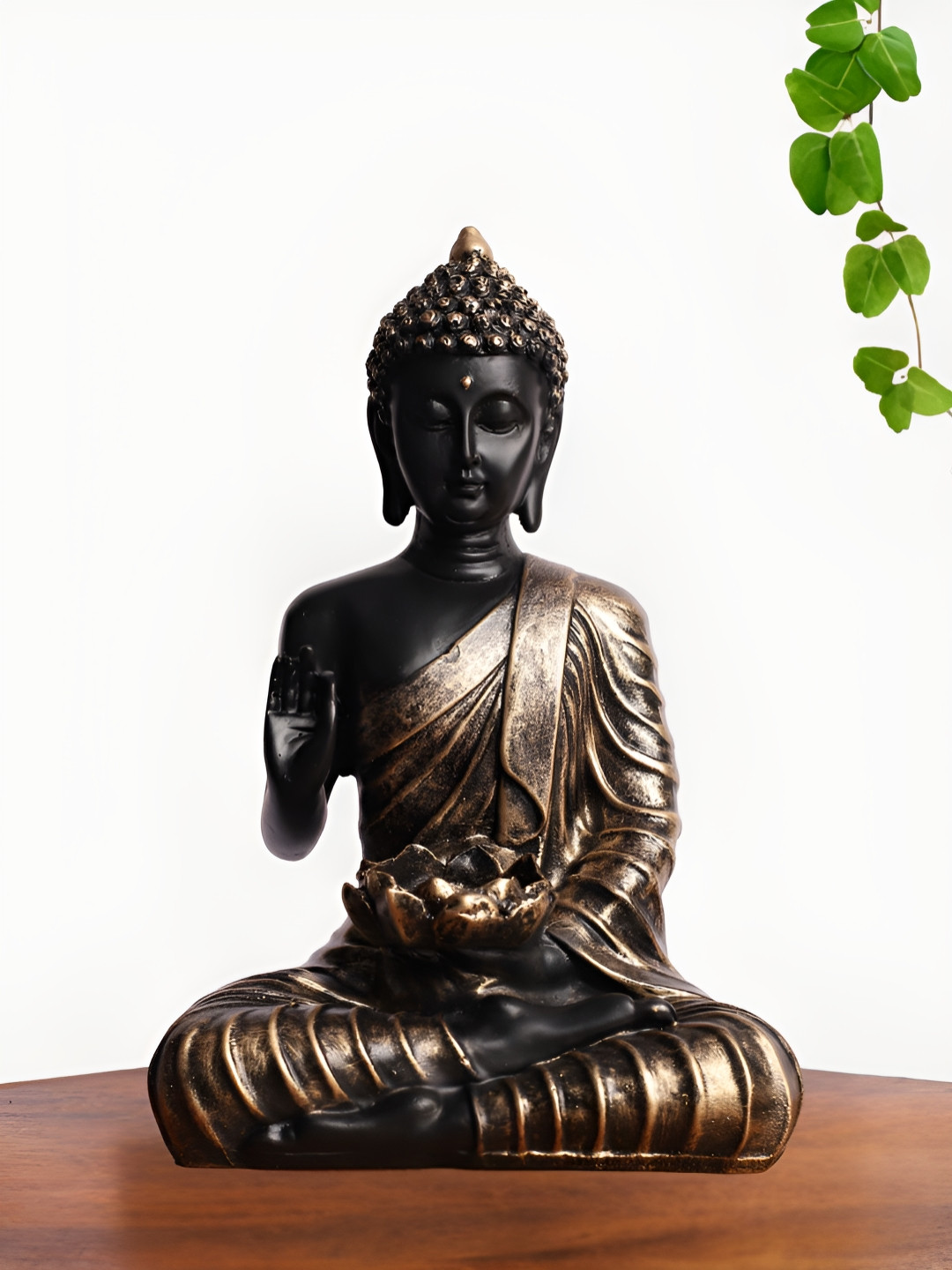 INTERNATIONAL GIFT Buddha with Lotus Flower Diya Holder Black Polyresin Natural Prayer Room Medium Showpiece - 3.5 Inches