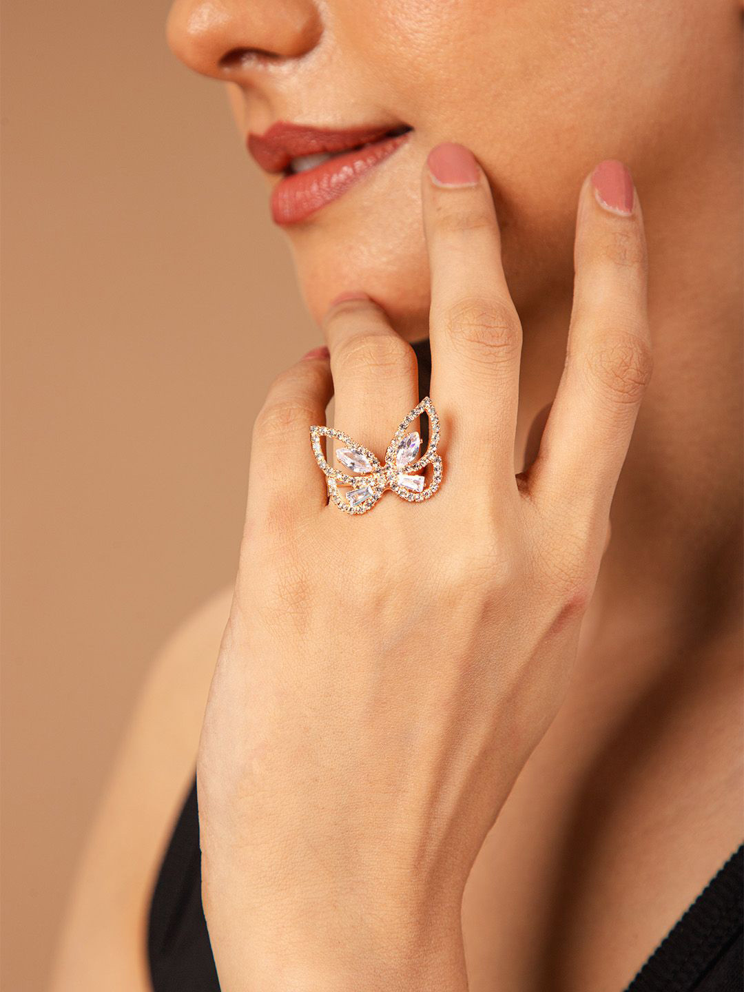 PRITA Rose Gold-Plated Artificial Stones Studded Adjustable Finger Ring