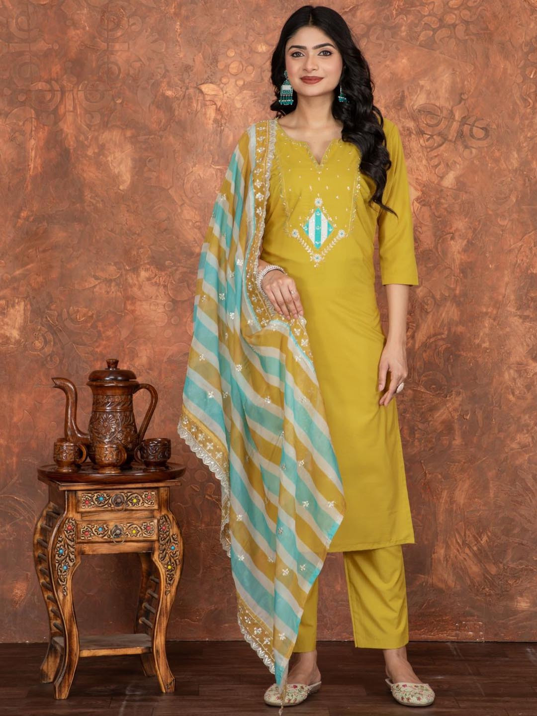 KALINI Geometric Sequence Chanderi Cotton Straight Notch-Neck Kurta With Trouser & Dupatta
