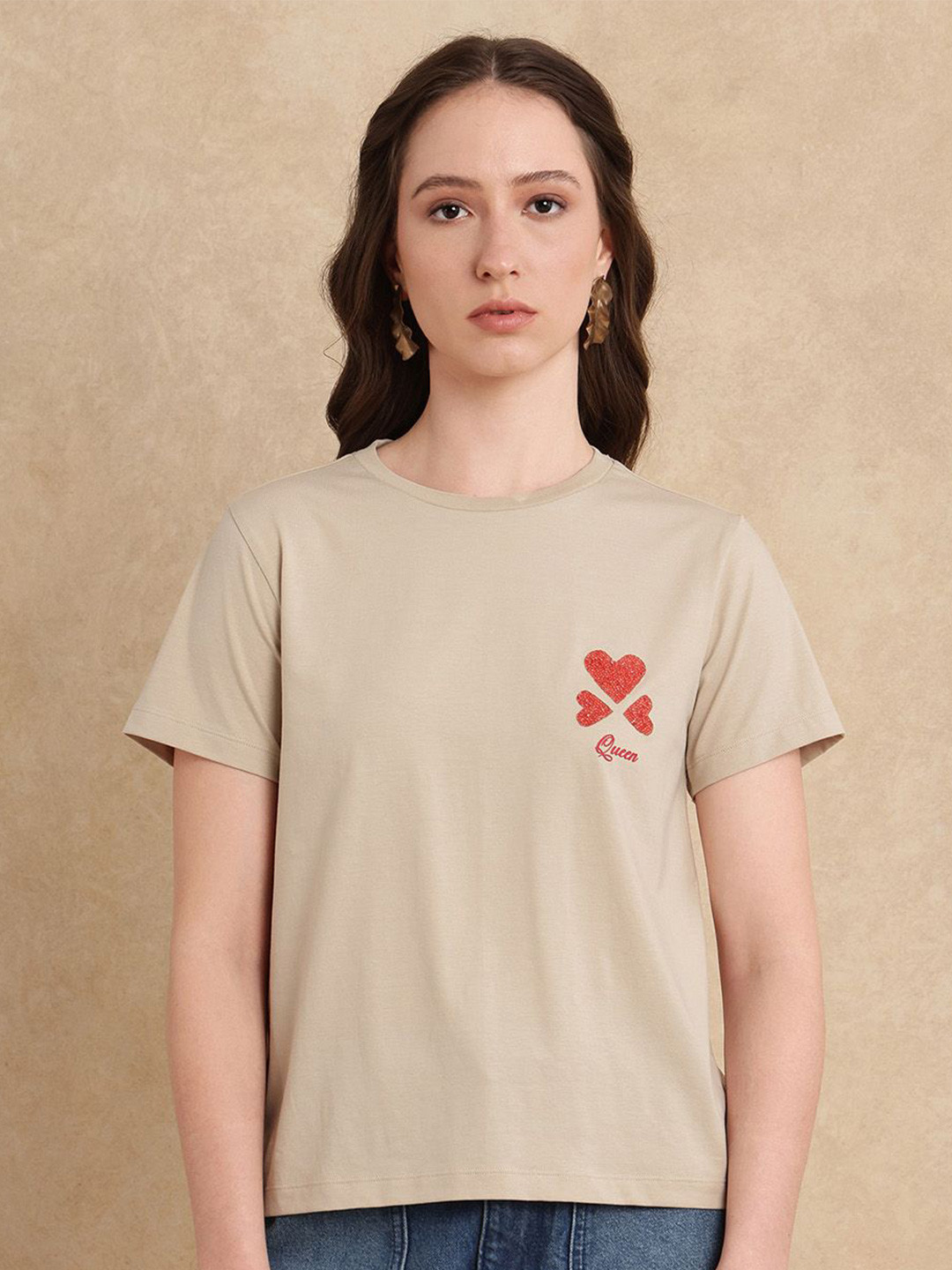 RAREISM Women SOMPEK PRIMARY Typography Printed Embellished Cotton Casual T-shirt