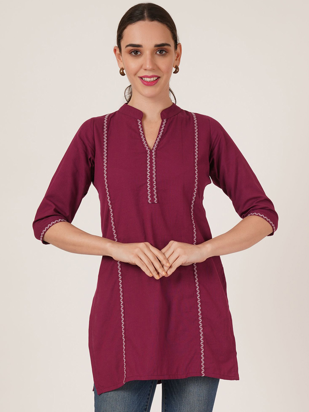 Brownverse Mandarin Collar Thread Work Straight Khadi Short kurtas