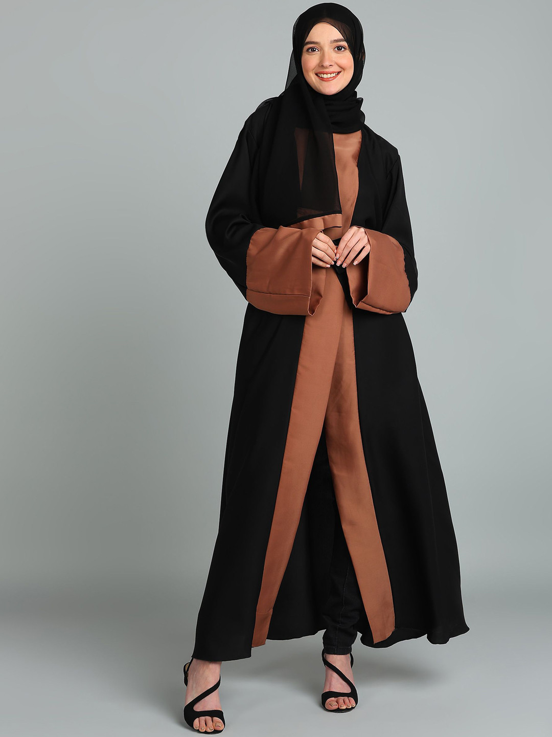 BROKE BRAND Colourblocked Shawl Collar Neck Open Front Abaya