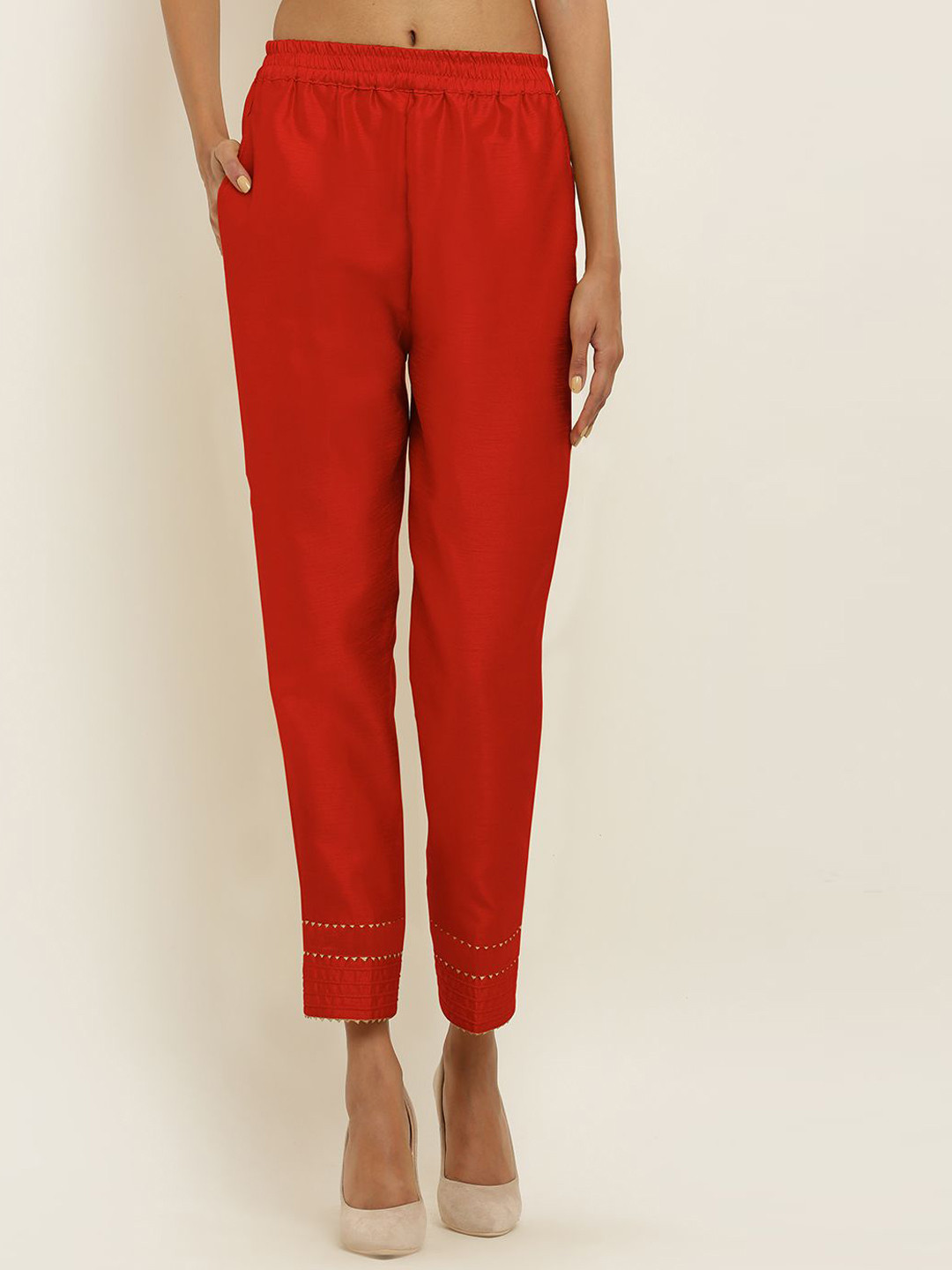 FLOREOS Women Textured Embroidered Comfort Easy Wash Trousers