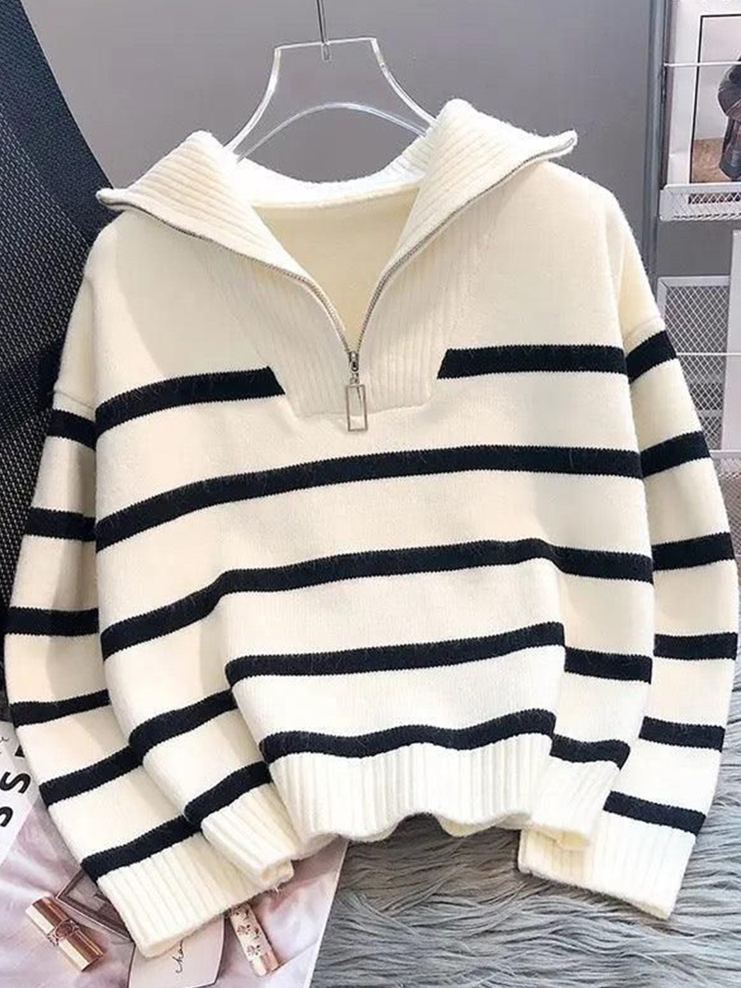 Miss Mosa By Akanksha  Women Beige Mastro Striped Statement Sweater