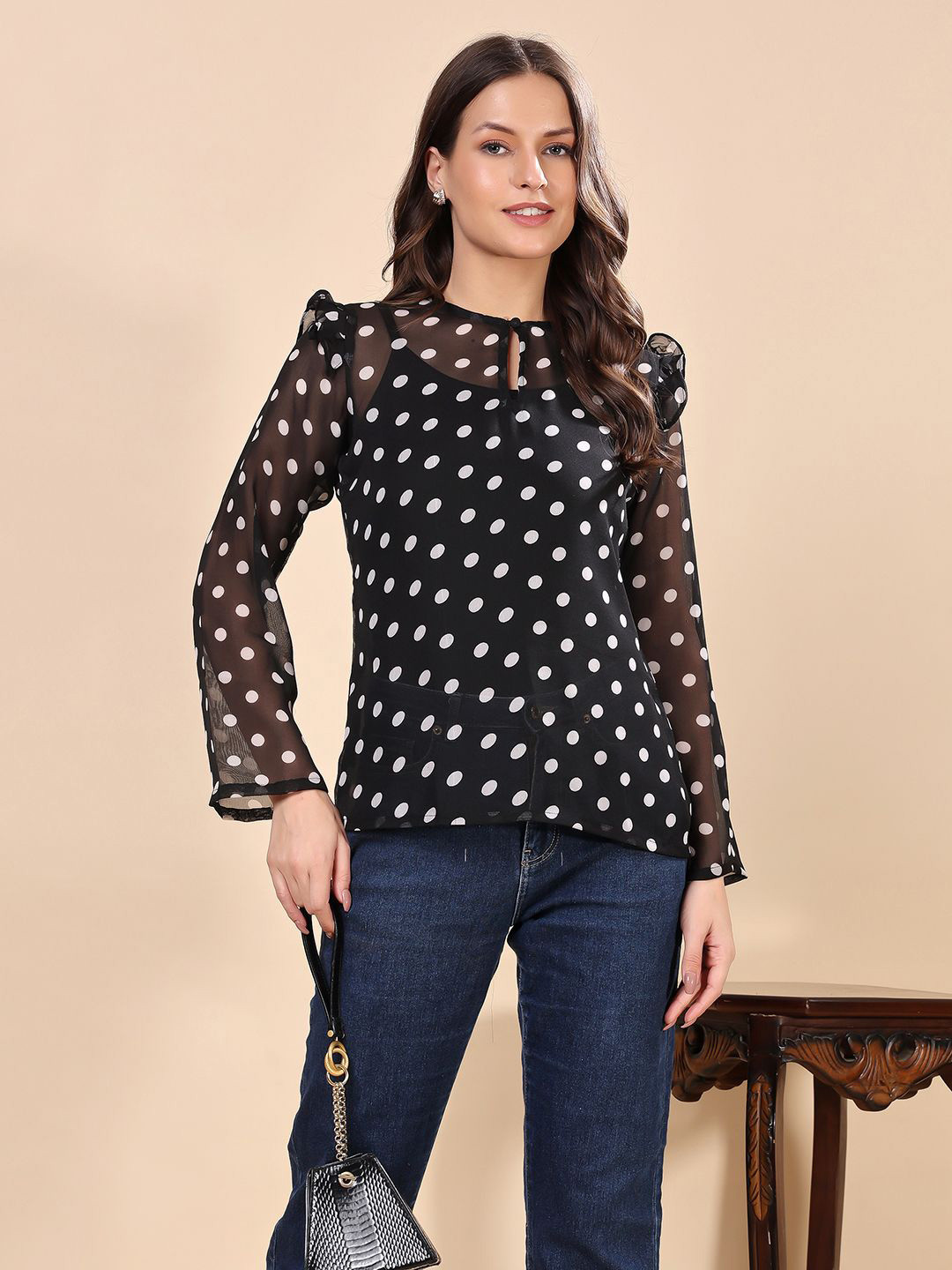 Cation Women Polka Dot Print Keyhole Neck Georgette Tube Top