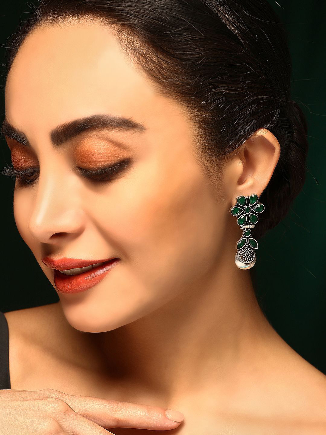 Priyaasi Silver-Plated Emarld Oxidized Classic Drop Earrings