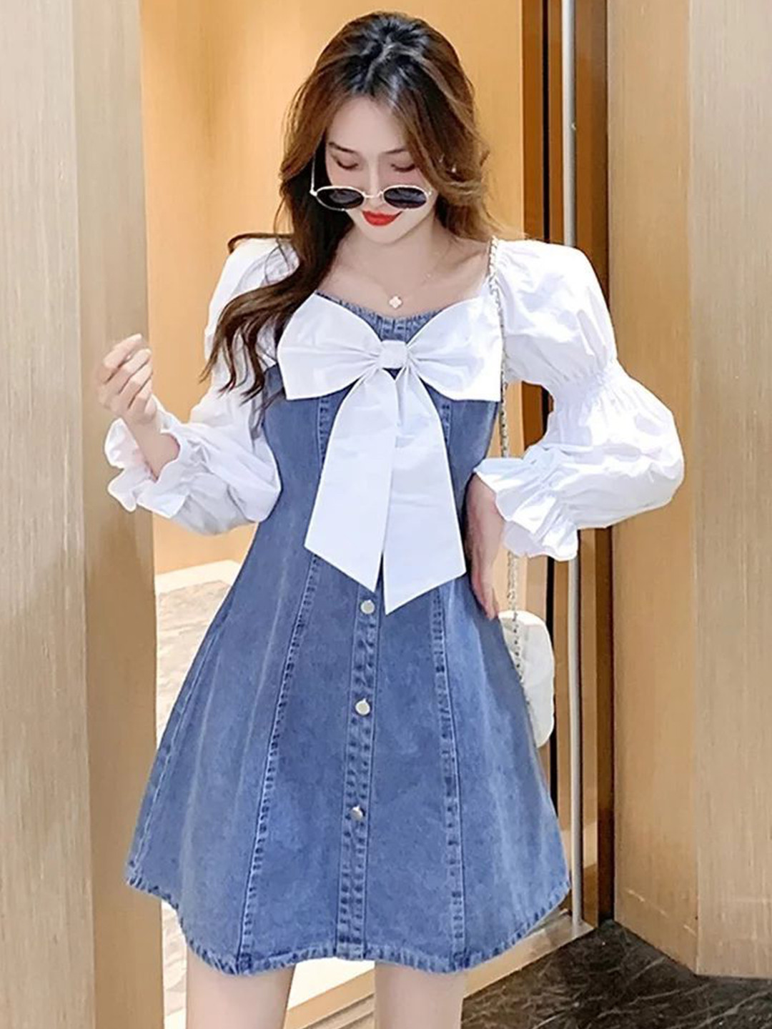 TIARA WORLD Women Colourblocked Bow Detailed Cotton A-Line Above Knee Dress