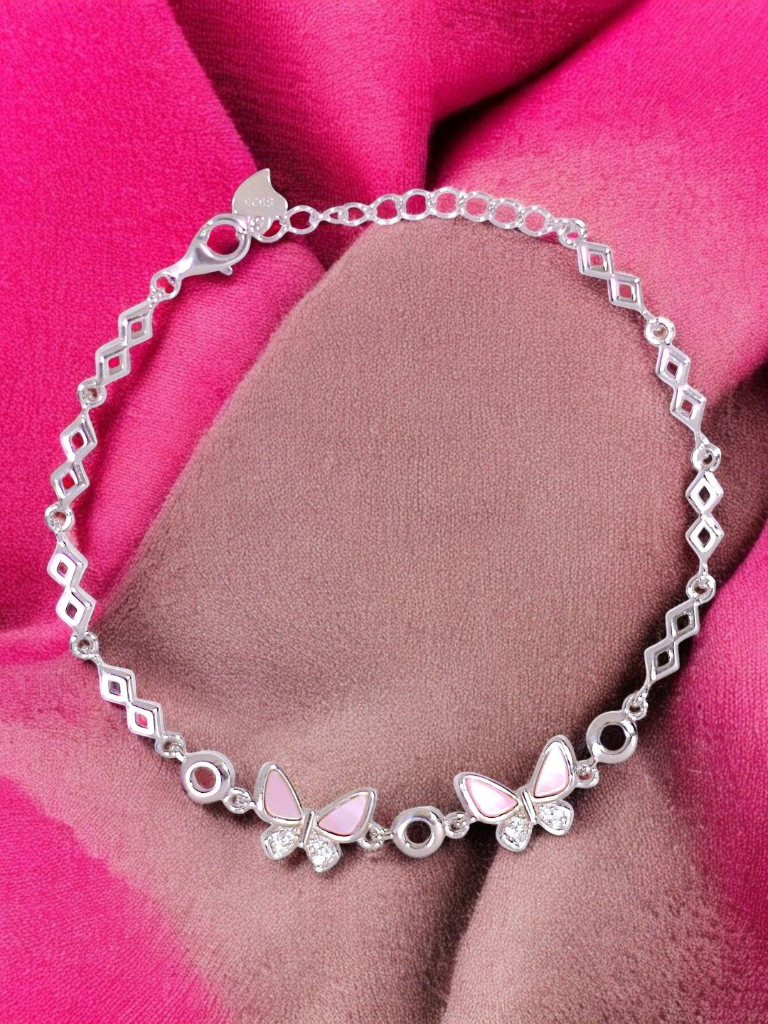 Taraash 925 Sterling Silver Mother-of-Pearls with CZ-Studded Butterfly Shape Link Bracelet