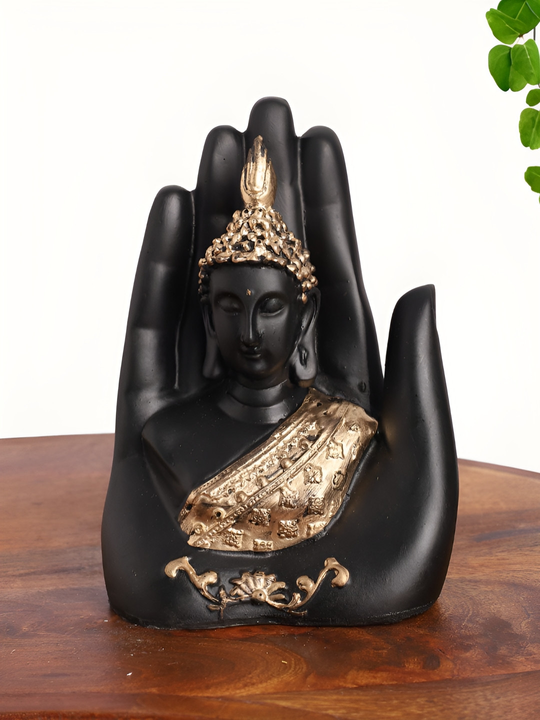 INTERNATIONAL GIFT Buddha Face in Hand Black Polyresin Matte Prayer Room Tiny Showpiece - 6.5 Inches