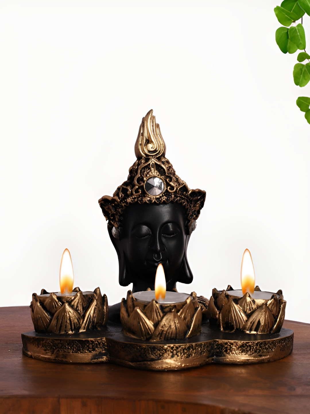 INTERNATIONAL GIFT Buddha Head Candle Holder Black Polyresin Glossy Living Room Small Showpiece - 10 Inches