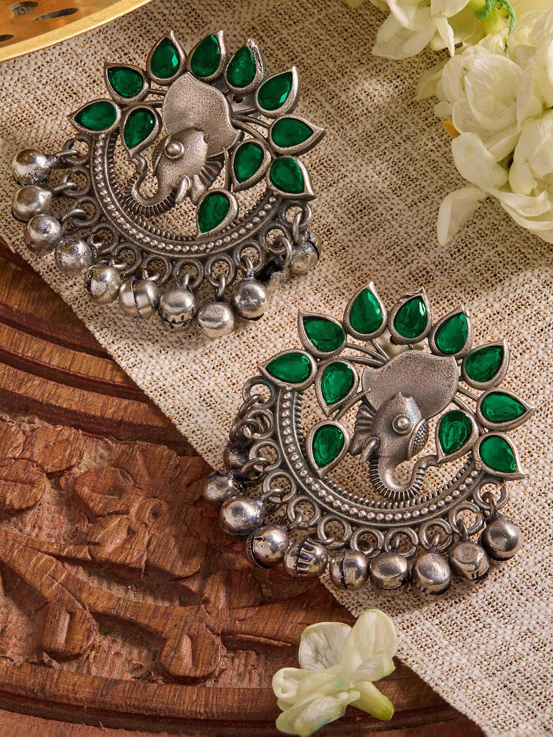 Priyaasi Silver Plated Emarld Contemporary Oxidized Chandbalis Earrings