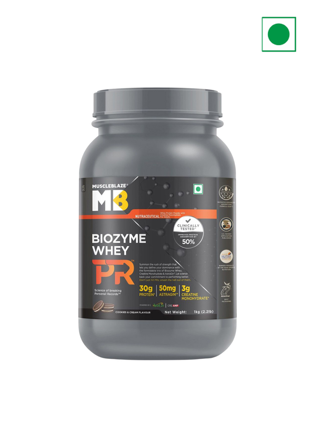 MuscleBlaze Biozyme Whey Protein PR - 1 Kg - Cookies & Cream Flavor