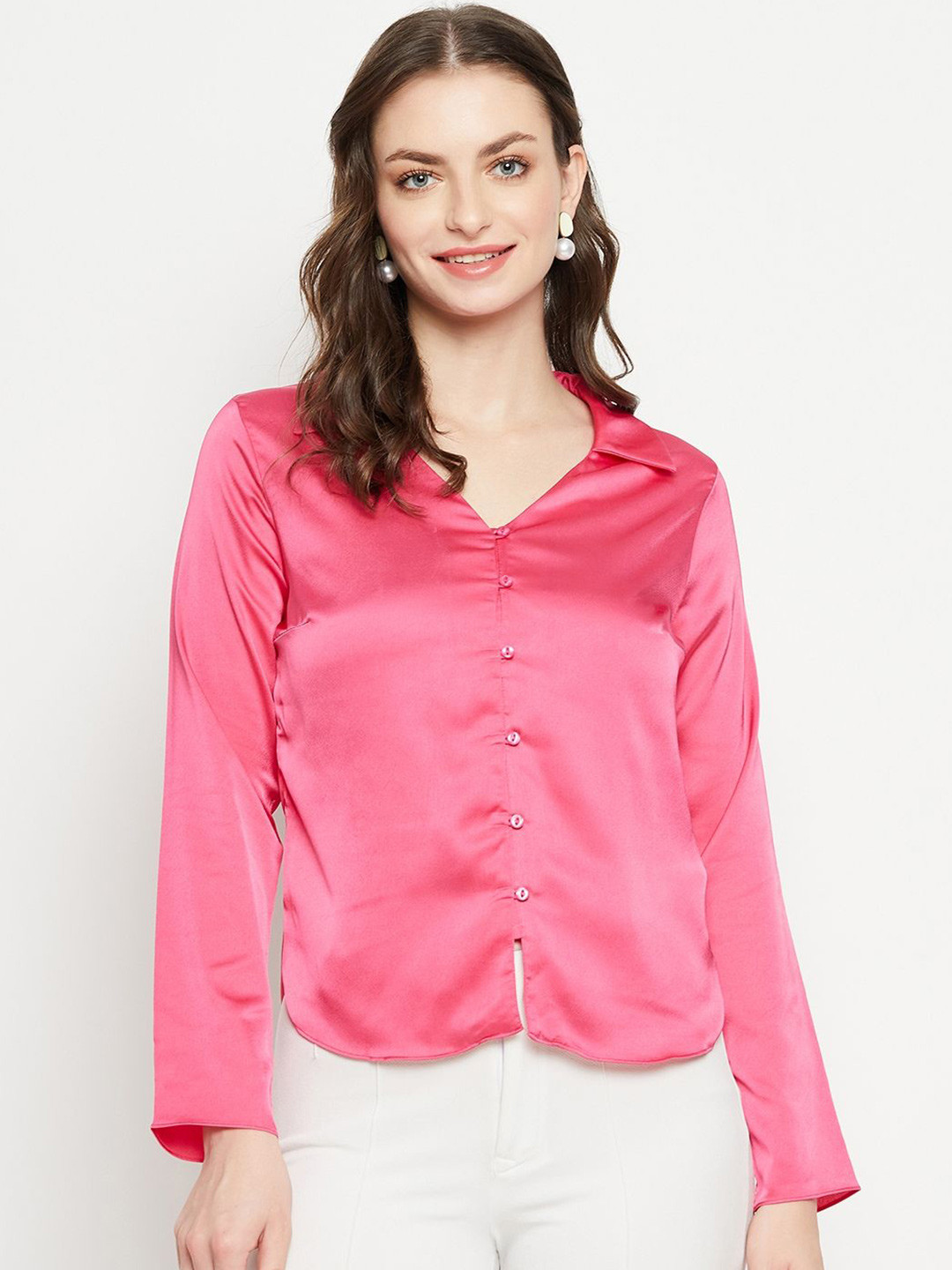 Madame Women Spread Collar Solid Casual Shirt