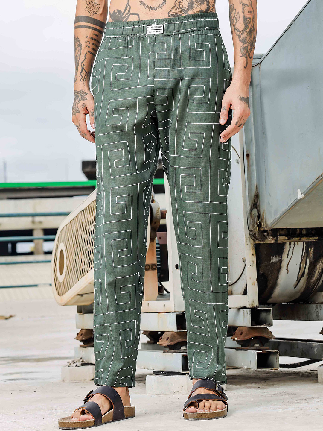 House of Koala Men Geometric Printed Relaxed Bootcut Trousers
