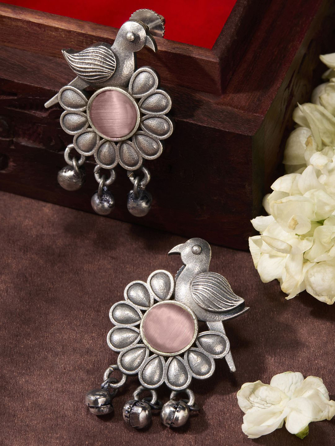 Priyaasi Silver-Plated Crystal Studded Oxidized Contemporary Drop Earrings