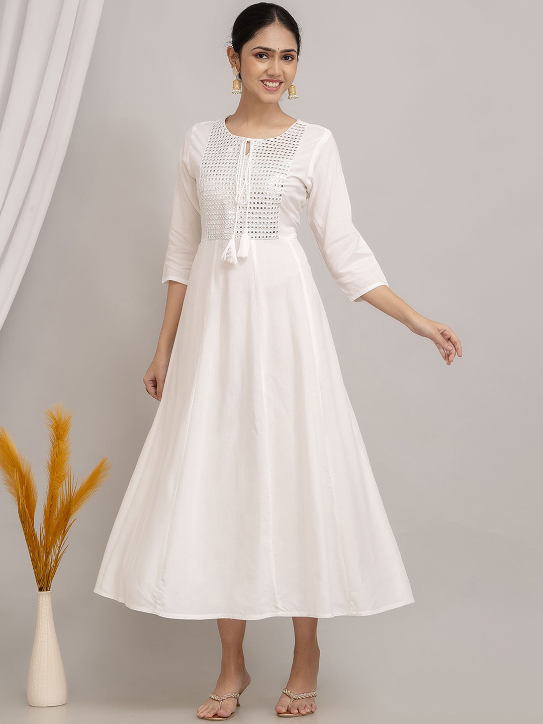 KARAGRE Tie-Up Neck Mirror Work Fit And Flare Dress