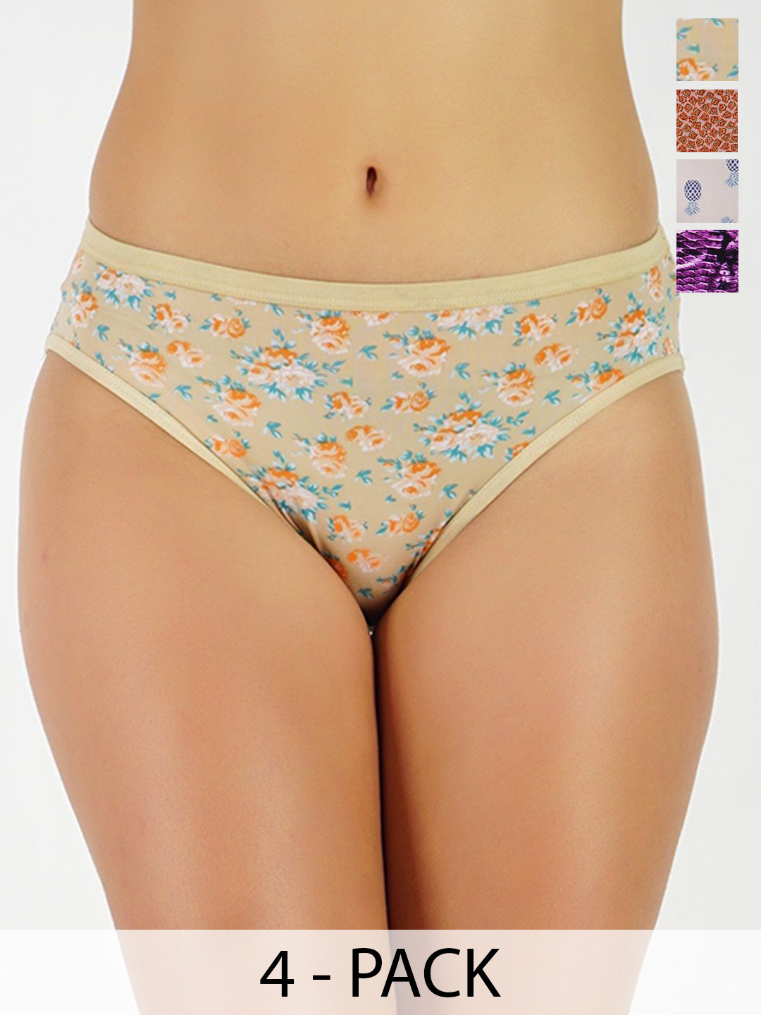 GOTO Pack Of 4 Printed Bikini Briefs NYLON PRINTED BIKINI PENTIE ORA,PINK,YEL,PURP