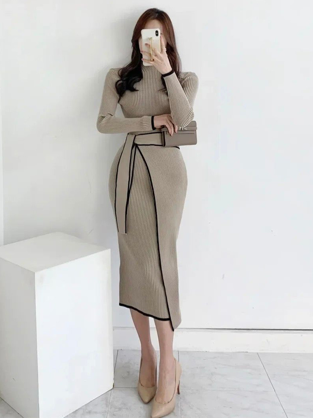 Miss Mosa By Akanksha  Women Grey Helen Premium Woolen Midi Dress