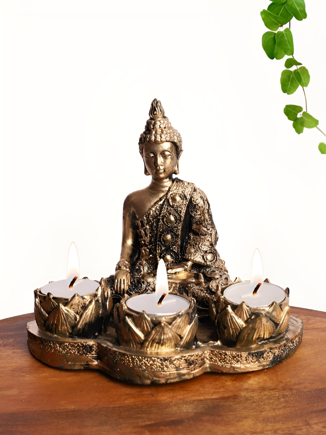 INTERNATIONAL GIFT Meditating Buddha Tealight Candle Holder Gold Polyresin Natural Home Office Medium Showpiece - 2.4 Inches