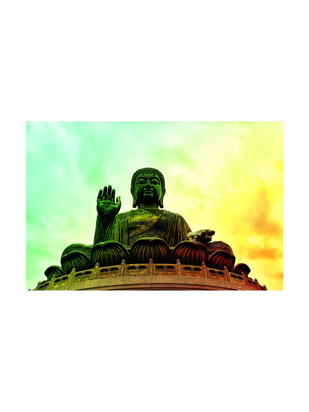 Inephos Green And Yellow Buddha Religious Printed Canvas Wall Art