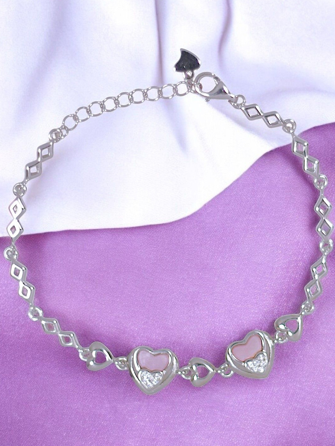 Taraash 925 Sterling Silver Mother-of-Pearls with CZ-Studded Heart Shape Link Bracelet