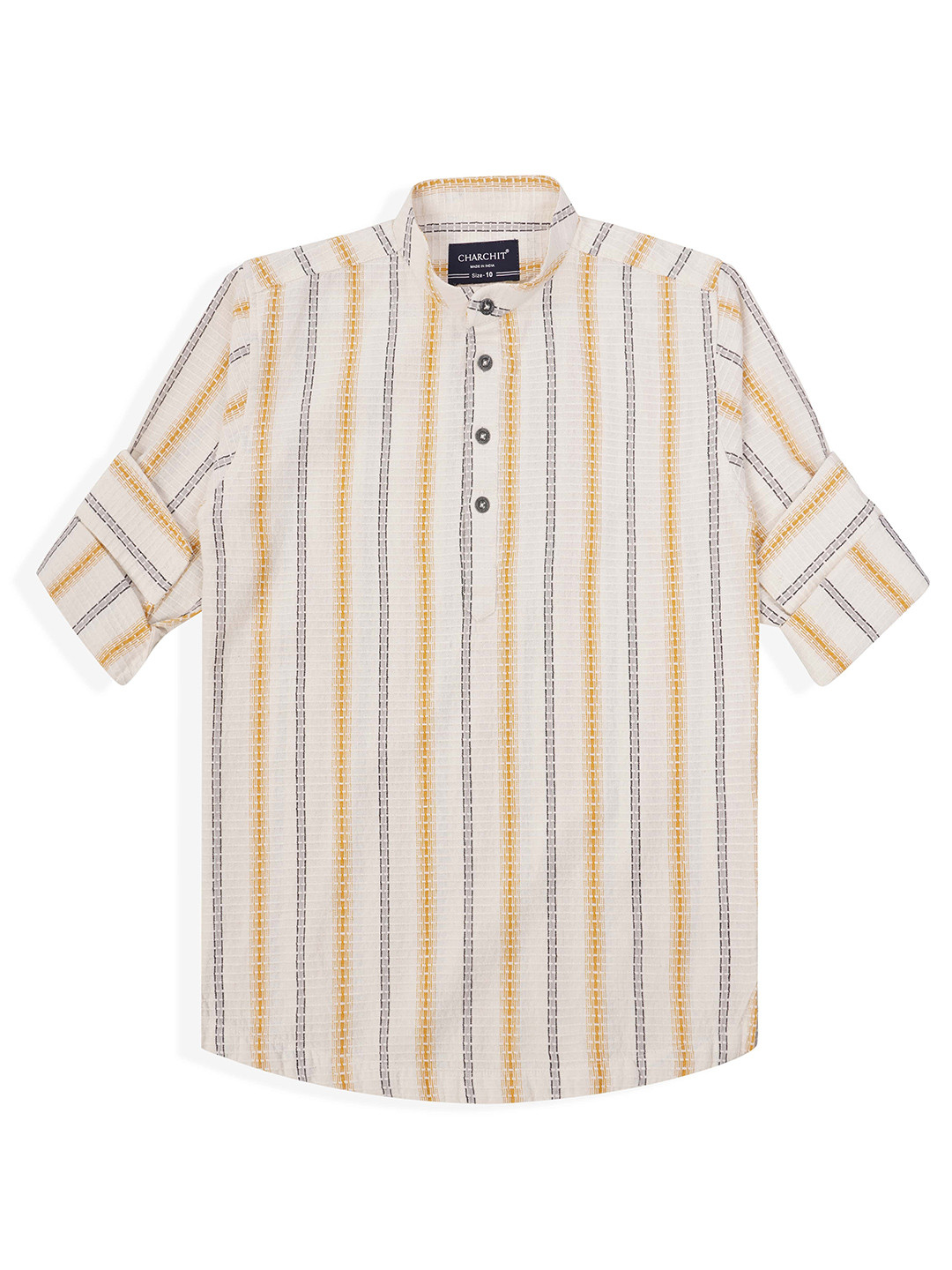 CHARCHIT Boys Comfort Fit Band Collar Vertical Striped Cotton Casual Shirt
