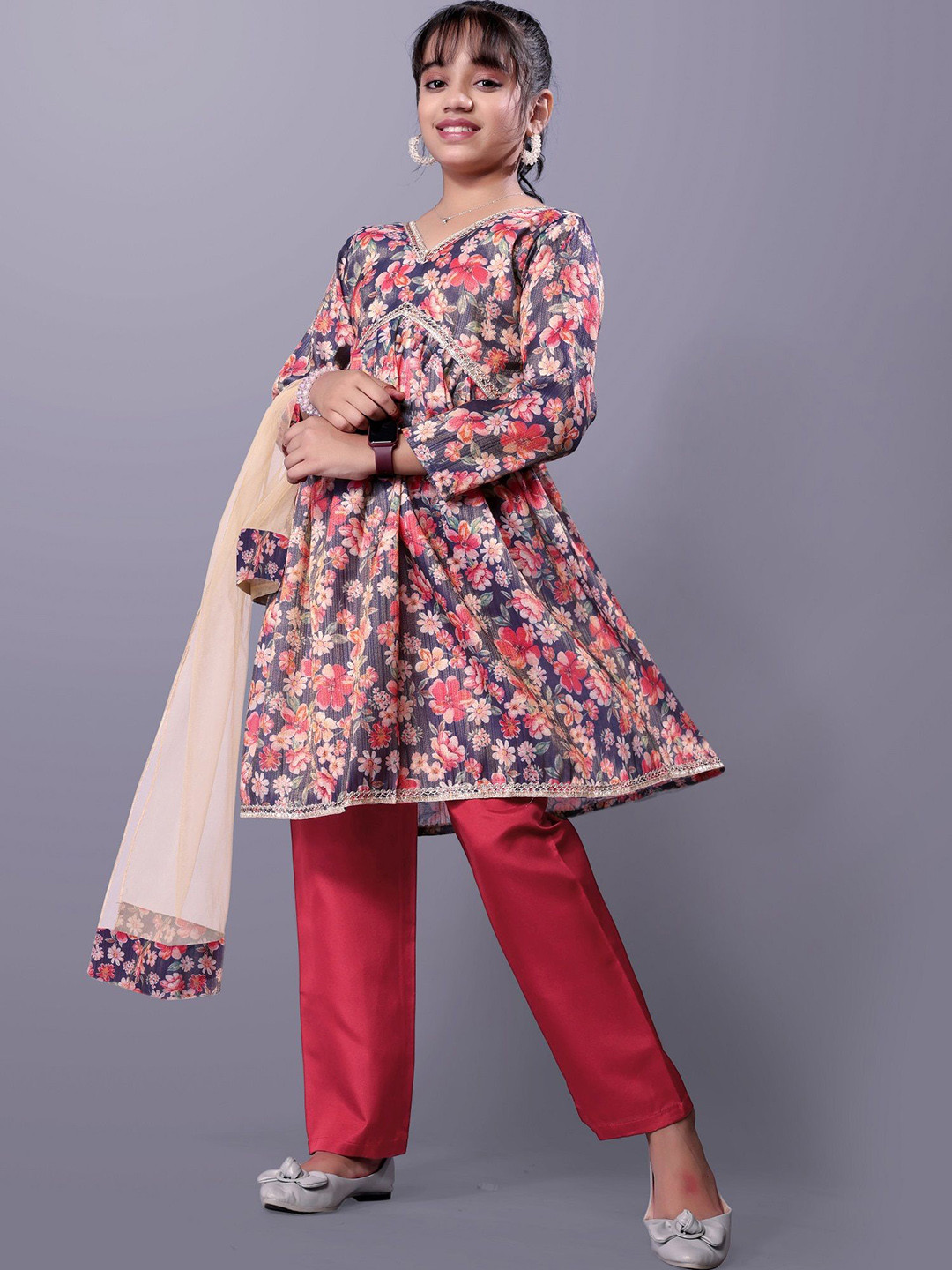 Aarya Designer Girls Floral Printed Tissue Anarkali Kurta With Trousers & Dupatta