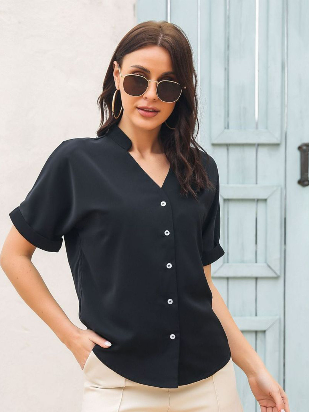 Oh Rare Women Mandarin Collar Solid Formal Shirt