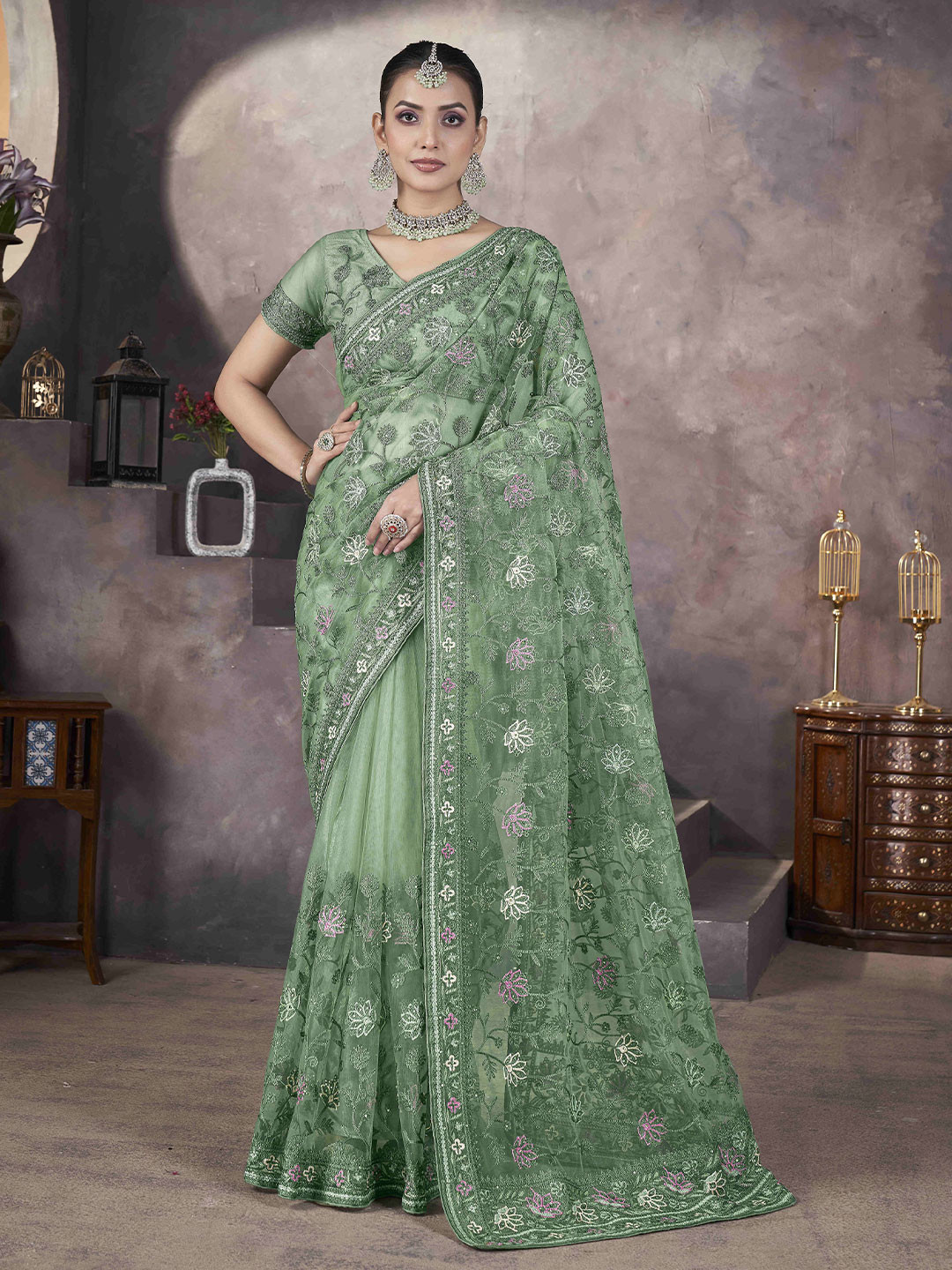 Munir Floral Embroidery Beads and Stones Net Saree